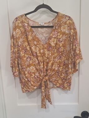 thread & clover Floral Tie-Front Women's Top - Mustard, Sz 1X